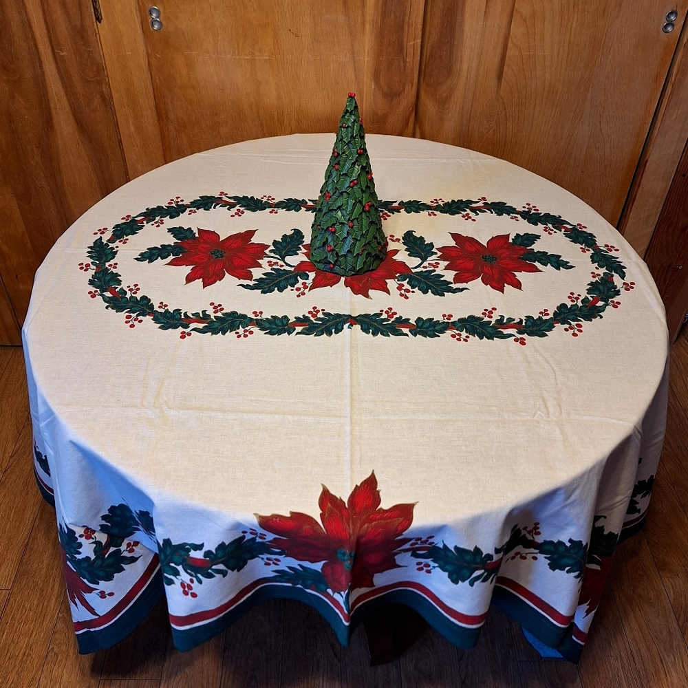 Vintage 1960s Made in Brazil Cotton Square Poinsettia Tablecloth RN#15028